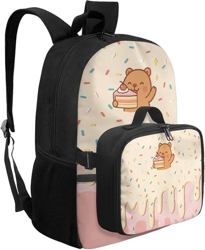 HUGS IDEA Cake Bear Backpack for Girls for School Cute Bookbag for Girls 8-10 Kids Backpack with Lunch Bag Cute School Bag Set for Elementary Students Casual Daypack