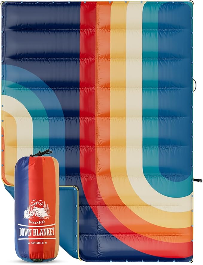 APSMILE Outdoor Down Blanket | Extra Warm & Puffy Camping Blanket | Water-Resistant, Lightweight, Packable Sleeping Quilt for Camp, Travel, Hiking, Picnic, Backpack (Stripe HD Printed, 52"x75")