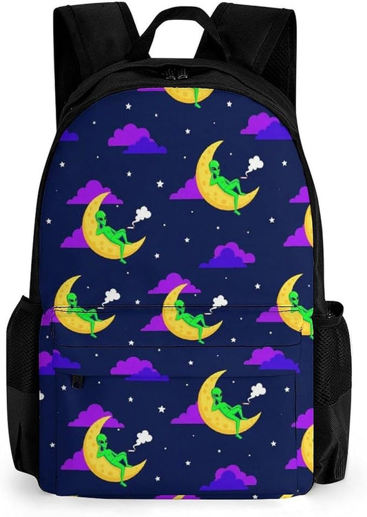 Lightweight Daypack Bookbag for Trekking Business Walking Cycling, Big Capacity Anti-Theft Multipurpose Carry On Bag, Funny Alien Moon Business Computer Bag
