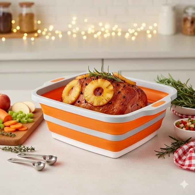 Collapsible Large (8L) BBQ Marinating Tub w/Cutting Board | Multipurpose Food-Grade TPE Prep Tub w/Lid | Built-in Colander & Drain Plug - for Camping | Tailgate | Picnic - Bold Orange