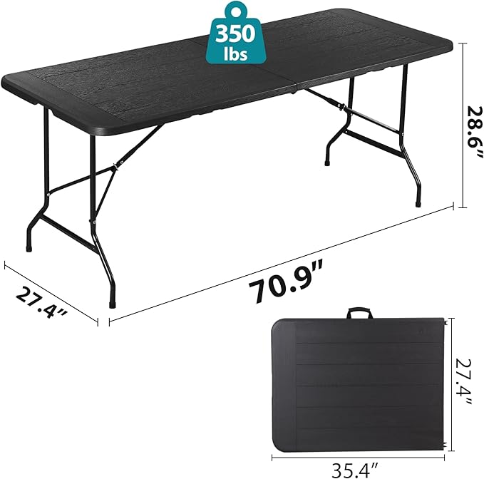 SUPER DEAL 6FT Folding Table for Indoor Outdoor, Portable Heavy Duty Fold-in-Half Plastic Dining Picnic Party Camping Table with Carrying Handle, Black