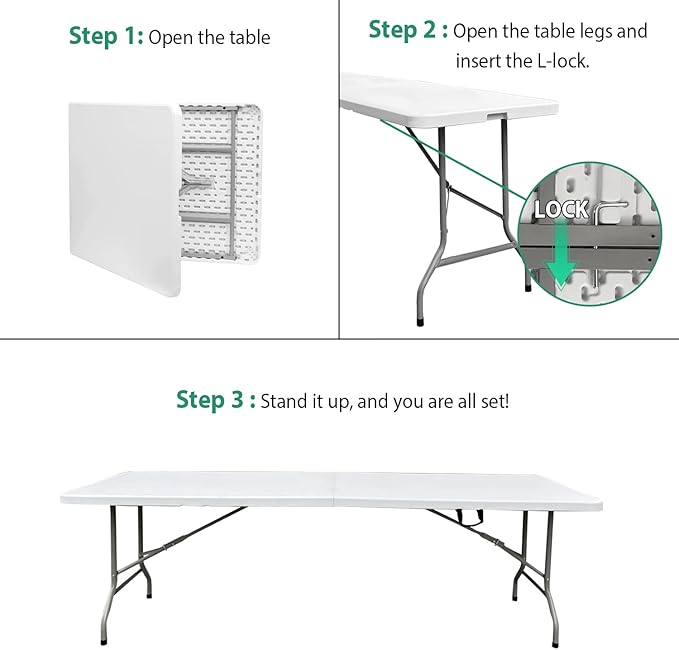 8 Foot Folding Table 96 inch Heavy Duty 8ft Plastic Portable Foldable Table with Handle Indoor Outdoor White 8' Dining Table for Picnic, Party and Camping