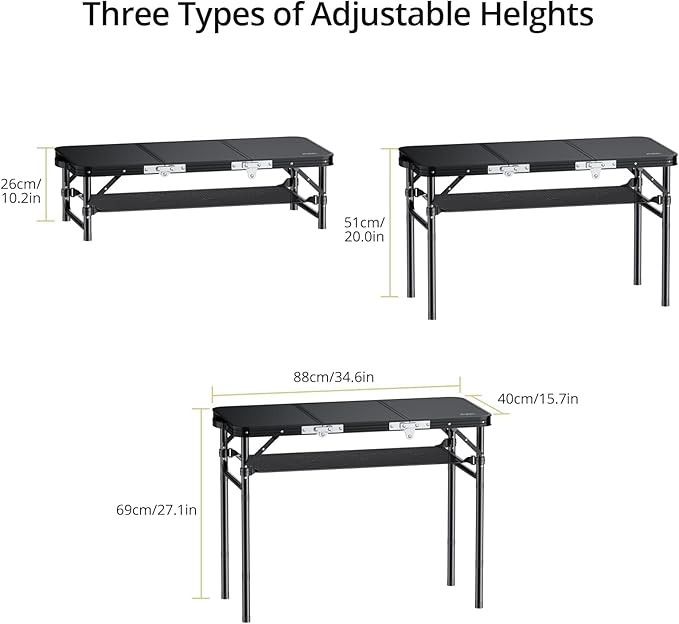 Folding Camping Table with Storage Net, 3ft Camping Table Aluminum Folding Table with 3 Adjustable Height Max 27.5 Inch Picnic Table Portable Table for Outdoor Backyard BBQ, Pure Black