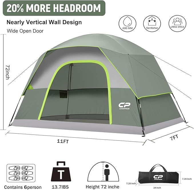 Tents for Camping 6 Person Tent Waterproof Windproof Double Layer Family Camping Tent, Easy Setup Dome Tent with Large Mesh Windows & Wider Door for Outdoor Camping & Hiking