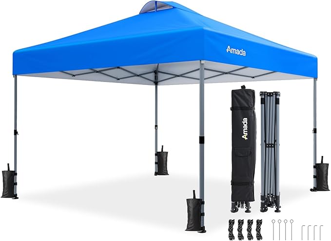Amada 10x10 Pop Up Canopy - Center Lock One Push Instant Setup Gazebo Outdoor Canopy Beach Tent with STO-N-Go Bag 8 Stakes & 4 Sand Bags, 3-Height Adjustable Shade Shelter (10x10ft, Blue)