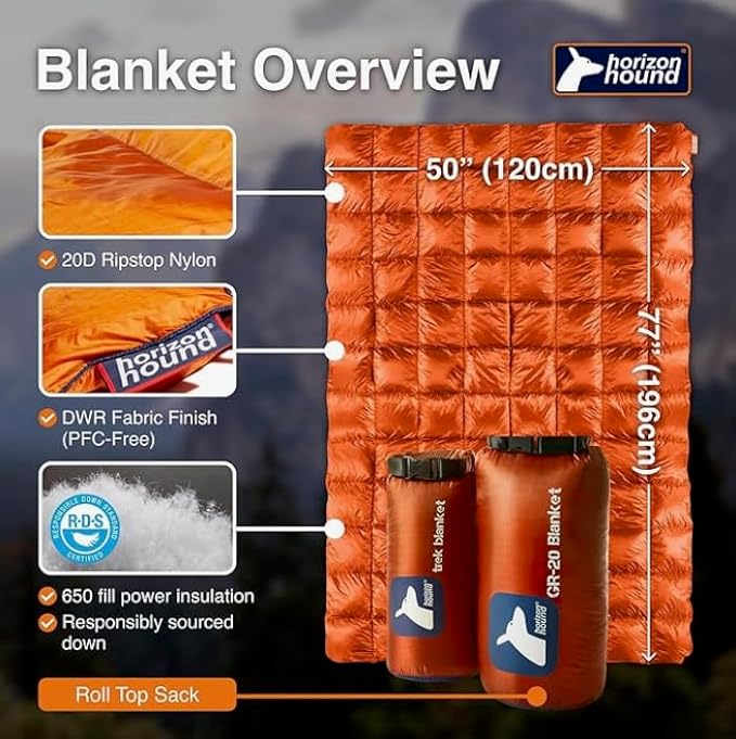 Horizon Hound Down Camping Blanket - Outdoor Travel Quilt | Sustainable, Insulated, Lightweight & Warm Gear for Sleep, Camping, Stadium, Hiking & Festivals | Water Resistant, Packable & Compact