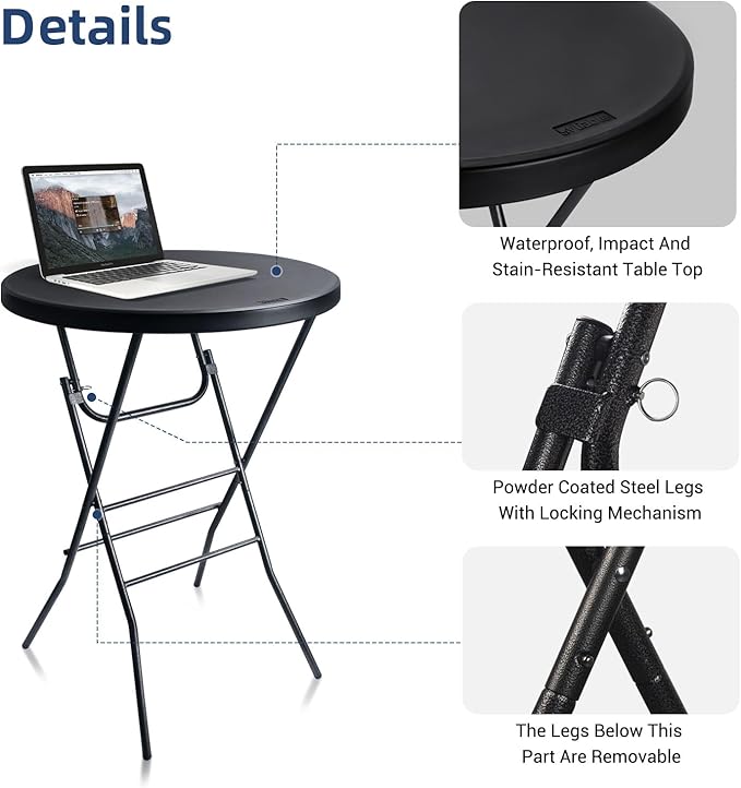 Cocktail Table 28in Folding Round High Top Indoor Outdoor with Removable Legs, Tall Bistro Foldable Bar Height Table for Parties, Patio, Backyard, Dining Room, Events, Black- 2PCS
