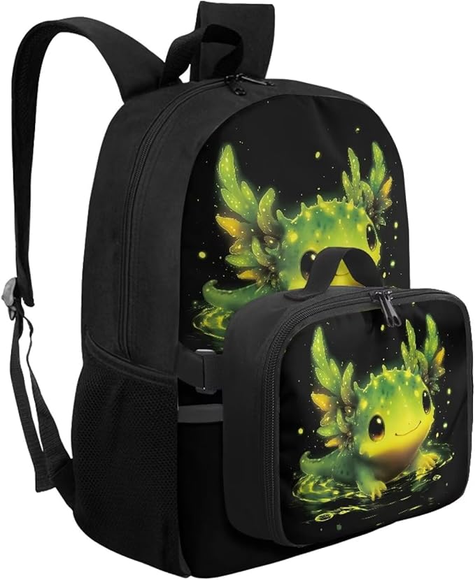 HUGS IDEA Glowing Axolotl Backpack and Lunch Box Set Girls Elementary School Bookbag Cute Backpack for Girls 6-8 Lightweight School Bag for Kids Daypack Children Bookbag