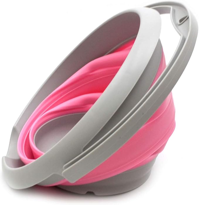 SAMMART 5L / 1.32 Gallon Collapsible Plastic Bucket - Foldable Round Tub - Portable Fishing Water Pail - Space Saving Outdoor Waterpot (5L Round, Grey/Pink)