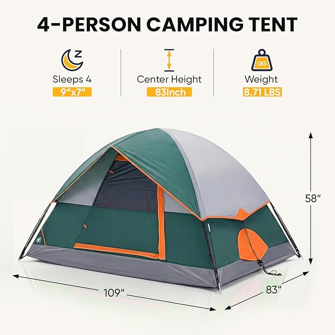 NEWBULIG 2-4 Person Camping Tent, Lightweight 5 Min Easy Setup, Waterproof Windproof Dome Tent with Rainfly for Outdoor, Hiking, Backpacking, Beach