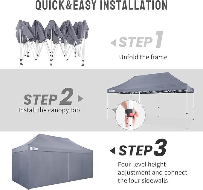 CROWN SHADES 10x20 Pop Up Canopy Tent, Thicken Frame Commercial Heavy Duty Tent, 4 Sidewalls 8 Stakes & 4 Sandbags & 4 Ropes, Outdoor Canopies for Events, Parties, Gray