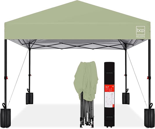 Best Choice Products 8x8ft Pop Up Canopy Tent, Outdoor Shade, 1 Person 1 Minute Set Up, Carry Case, 4 Weight Bags - Sage Green