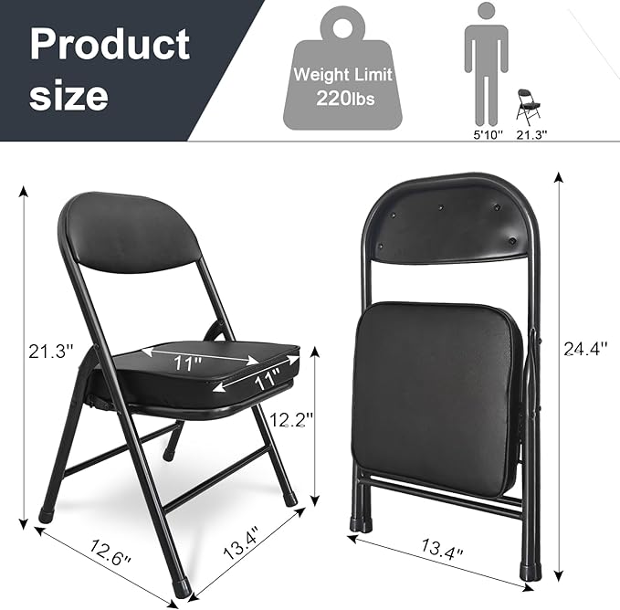 Mini Folding Chair, Garage Stool, Portable Camping Chair with Padded Seat, Lightweight and Compact Lawn Chair, for Patio, Garage, Camping, Fishing, Hiking, Hunting, Picnic, Beach, Black