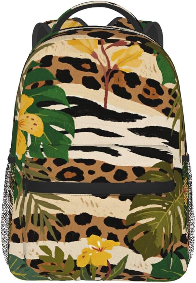 Daypack Anti-Theft Multipurpose Large Capacity Shoulder Bag, Cheetah Leopard Print Floral Gray Travel Hiking Camping Rucksack With Smooth Zippers