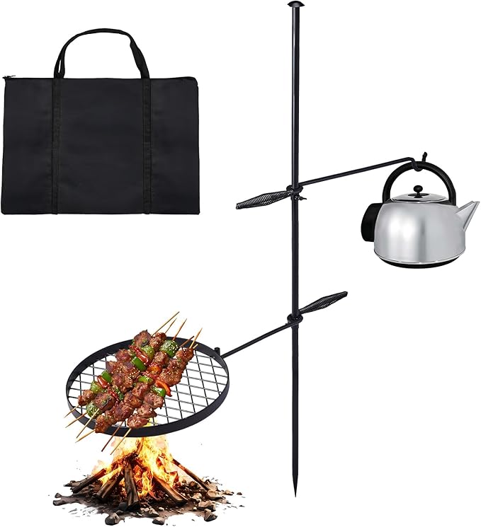 VINGLI Swivel Camping Firepit Grill, Foldable Campfire Steel Grate w/Griddle & Storage Bag, 360° Adjustable, Open Fire Outdoor Cooking Equipment, Parties, Activities, Families Use 30'' x 13'' x 48''