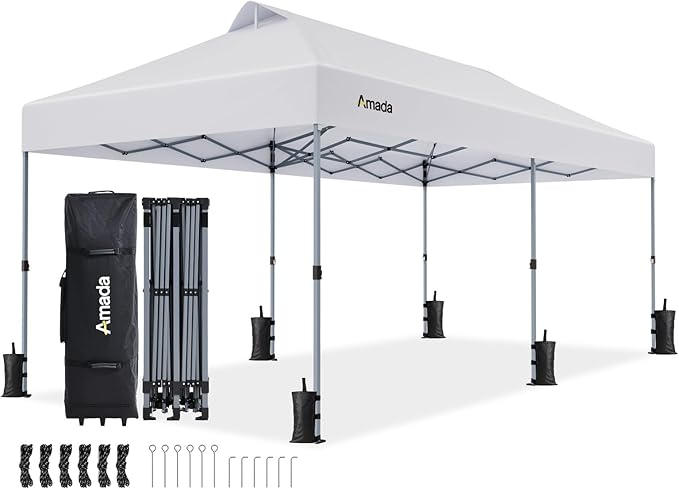 Amada 20x10 Pop Up Canopy - Center Lock One Push Instant Setup Gazebo Outdoor Canopy Beach Tent with STO-N-Go Bag 8 Stakes & 4 Sand Bags, 3-Height Adjustable Shade Shelter (20x10ft, White)
