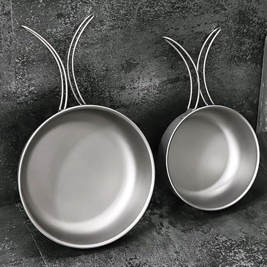 BY-J 2 Piece-Set, Outdoor Titanium Frying Pan with Folding Handle Camping Hanging Cookware Hiking Picnic Ultralight Tableware