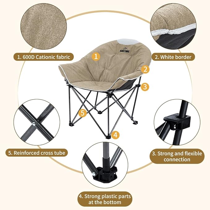 OUTDOOR LIVING SUNTIME Oversized Padded Camping Chair,Portable Comfy Outdoor Folding Moon Round Saucer Chairs for Adults with Holder and Carry Bag, Perfect for Hiking Lawn Patio Sports（Beige 2 Pack）