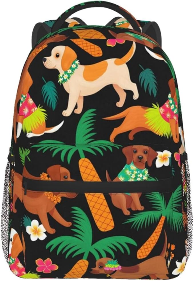 Men Women Lightweight Beach Dog Labrador Palm Tree Pineapple Casual Daypack Big Capacity Bookbag With Padded Straps for Gym Travel Walking Cycling