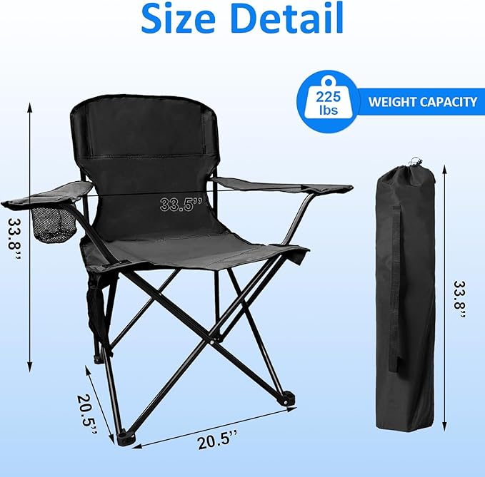 Folding Camping Chair, 225lb Capacity, Includes Cup Holder & Side Storage Bag, 5.5lbs Portable for Beach, Camping, Sport,Black