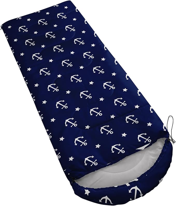 AILONEN Boys Sleeping Bag for Camping,Nautical Anchor,Lightweight & Waterproof,3 Season Warm & Cool Weather,Navy Blue Sleeping Bags for Kids Men Travelling,Outdoors