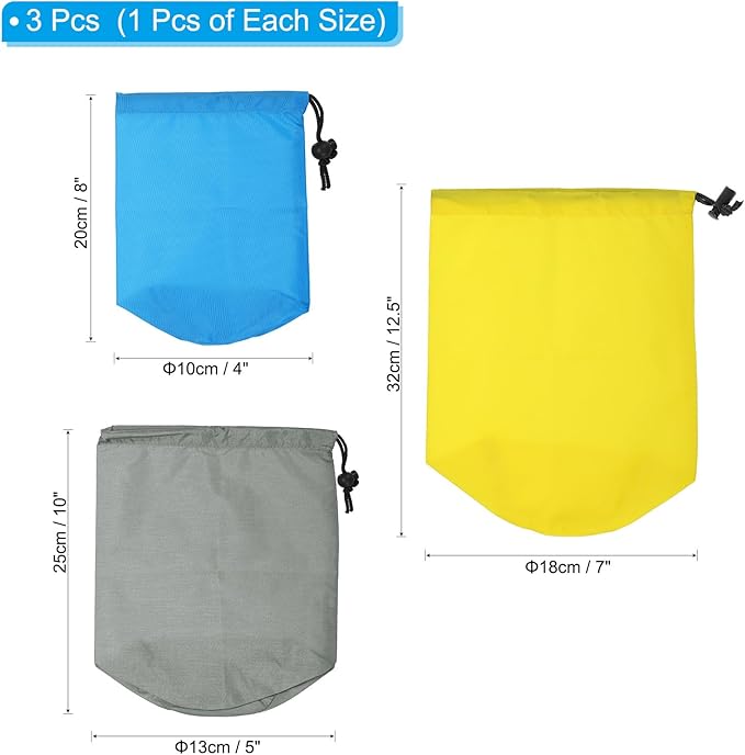 PATIKIL Stuff Sack, 3 Pack Assorted S/M/L Waterproof Outdoor Storage Sack Portable Drawstring Dust Flap Bag for Camping, Sky Blue, Gray, Yellow