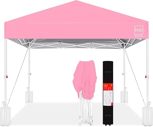Best Choice Products 12x12ft Pop Up Canopy Tent, Outdoor Shade, 1 Person 1 Minute Set Up, Carry Case, 4 Weight Bags - Pink/White