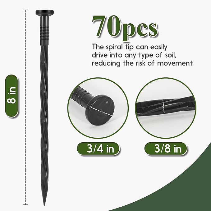 Landscape Edging Stakes, 70 Pcs 8" Plastic Garden Spikes, Spiral Nylon Anchoring Spikes for Paver Edging, Weed Barriers, Artificial Turf, Tent, Grass Pathway and More, Black