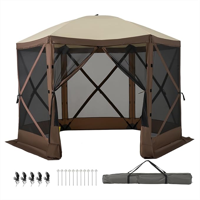 Aoxun 10x10FT Pop-up Canopy Shelter Tent, 6-Sided Canopy Tent with Carry Bag and Stakes, Screen House Sun Shelter Tents for Camping, Backyard, Patio, Lawn, Brown