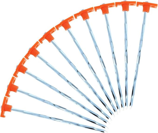 (10 Pack) ASR Outdoor Universal Galvanized Twisted Metal PVC Camping Gear Canopy Tent Stakes, Orange