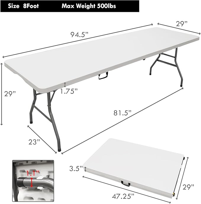 8ft Folding Table, Foldable Table with Foldable, Easy to Carry, for Family Gatherings, Outdoor Gatherings, Indoor