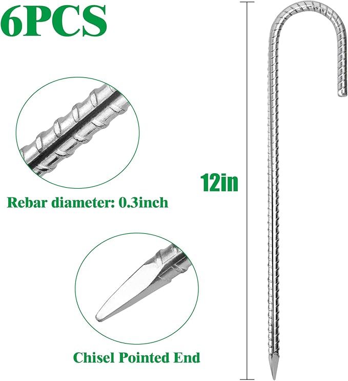 12 Inch Rebar Stakes,6 Packs Heavy Duty Metal J Hook Garden Ground Stakes for Camping Tent Canopy or Supporting for Garden Landscapes Fences Stakes (J Shape-Silver, J-12 x5/16-6pcs)