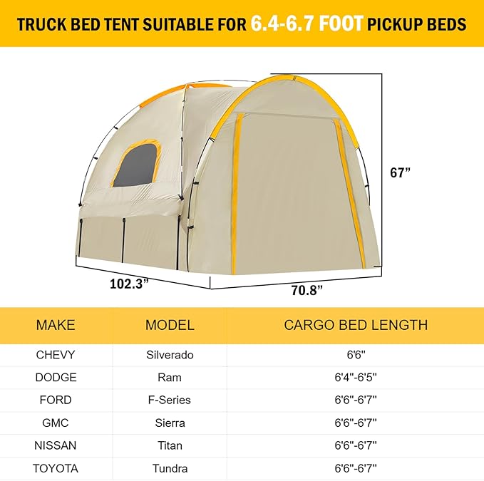 Pickup Truck Tent with Awning Shade,Waterproof PU5000mm Oxford for 6.4-6.7 FT Truck Bed for Camping Travel Outdoor Activities for Chevy Silverado,Dodge Ram,Ford F-Series,GMC Sierra,Titan,Tundra