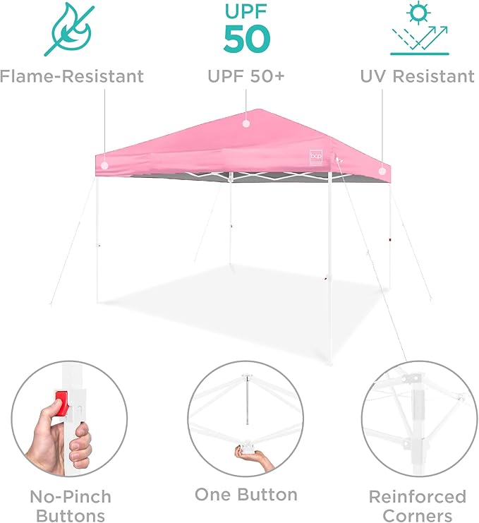 Best Choice Products 8x8ft Pop Up Canopy Tent, Outdoor Shade, 1 Person 1 Minute Set Up, Carry Case, 4 Weight Bags - Pink/White