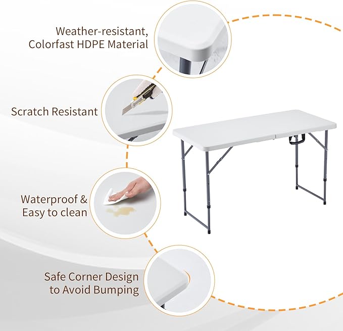 BOOSDEN 4 Foot Folding Table, Portable Rectangle Card Table, Indoor Outdoor Plastic Fold-in-Half Utility Table with Carrying Handle, Adjustable Height Foldable Tables for Picnic,Party,Camping,Office