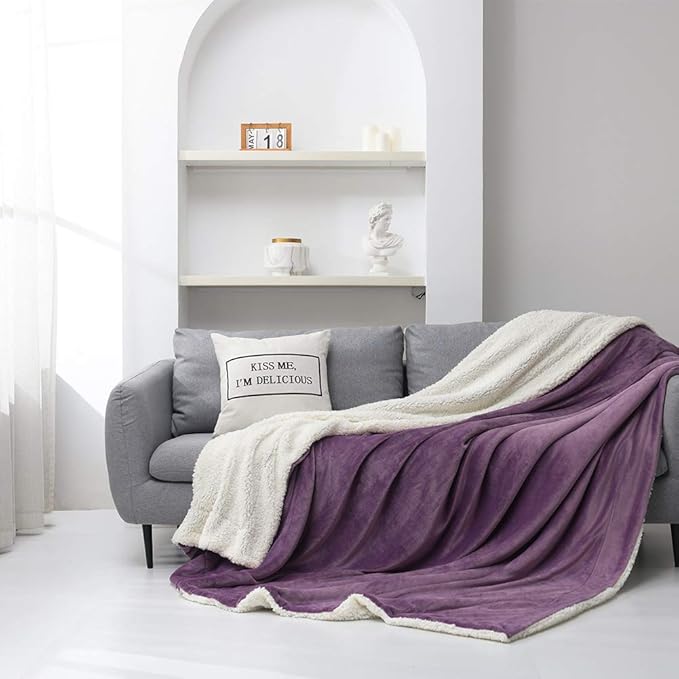 NANPIPER Couch Blanket Reversible Sherpa Flannel Blanket Ultra-Soft Plush Warm Fleece Microfiber (60"x80",Cassis Purple)