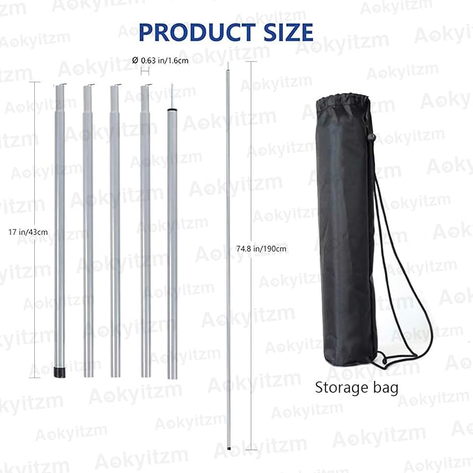 Tent Poles,Adjustable Portable Tent Poles-74.8" Sturdy and Durable Rustproof Thickened Iron Tent Stakes for Camping,Hiking,Van Awnings,Beach Awning Tent Accessory with Storage Bag-2 Pack (Silver Gray)
