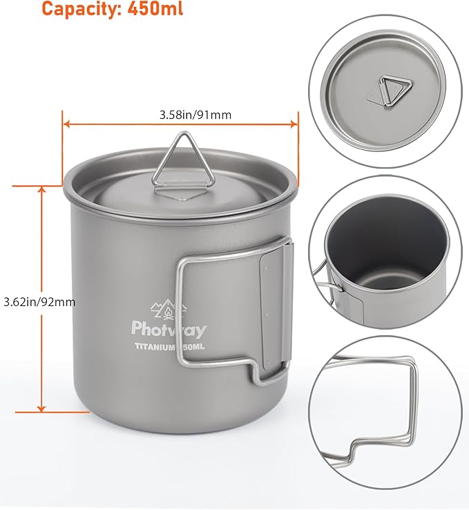 Camping Titanium Mugs Cups 450ml Camp Coffee Mug with Lid - Ultralight Backpacking Camp Cup for Hiking Backpacking Camping Open Fire