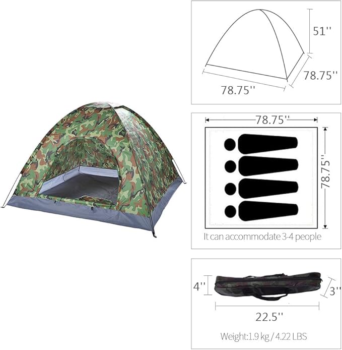VINGLI 3-4 Person Camping Dome Tent Camouflage Outdoor Waterproof Easy Assembly, Durable Fabric Full Coverage Rain …