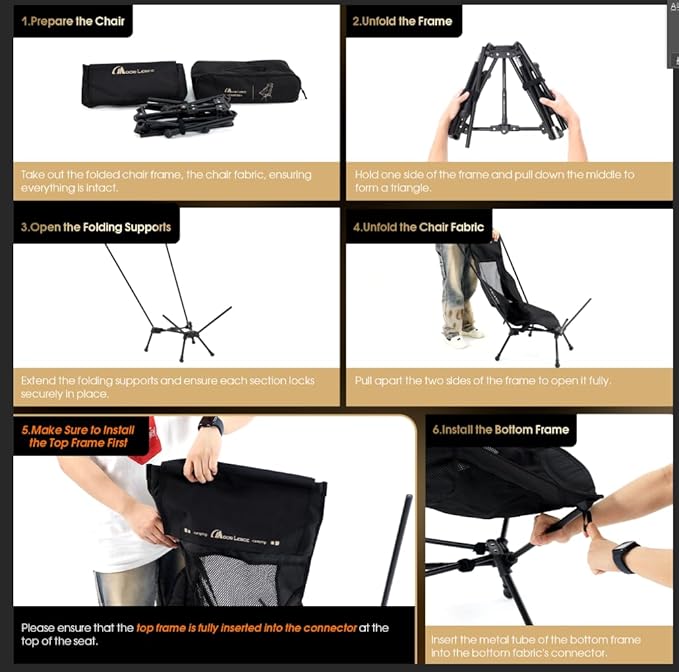 MOON LENCE High Back Folding Camping Chair, 330lbs Portable Compact Chair with Wide Seat & Ergonomic Back Support (Black)