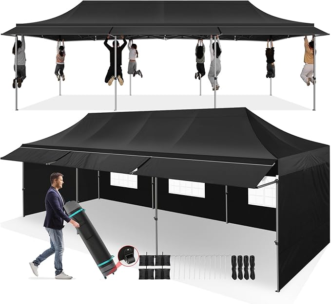 COBIZI 10x30 Pop Up Canopy Tent with Awning,Heavy Duty Canopy UPF 50+ All Season Wind Waterproof Commercial Outdoor Street Vendors Party Tents for Parties Gazebo with Roller Bag(10 x 30 ft Black)