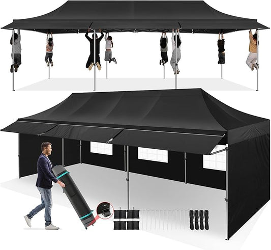 COBIZI 10x30 Pop Up Canopy Tent with Awning,Heavy Duty Canopy UPF 50+ All Season Wind Waterproof Commercial Outdoor Street Vendors Party Tents for Parties Gazebo with Roller Bag(10 x 30 ft Black)