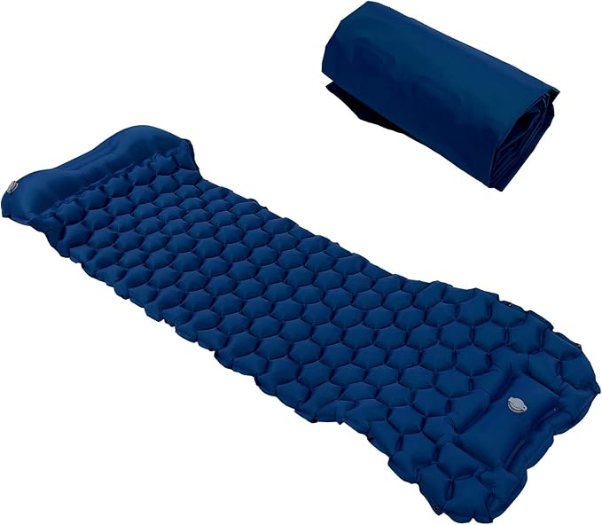 Inflatable Camping Sleeping Pad Mat, Ultra Lightweight Air Cushion Mattress for Tent Hiking Travel, 2 Way Valve Design with 40D Nylon Fabric and TPU Laminate, Compact Foldable (Navy Blue)