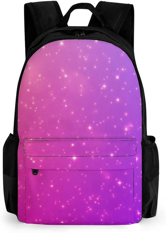 Polyester Daypack Bookbag for Gym Business Bicycle, Large Capacity Multipurpose Anti-Theft Carry On Bag, Purple Pink Glitter Pattern Travel Hiking Daypack