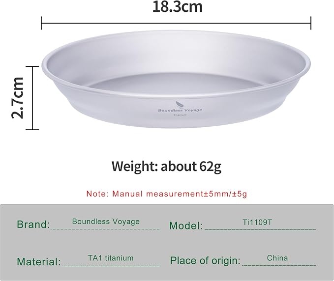 iBasingo 183mm Titanium Trek Plate Dishes Saucer Portable Kitchen Tableware Small Pan Ultralight for Outdoor Travel Backpacking Camping Hiking & Home Everyday Use Ti1109T