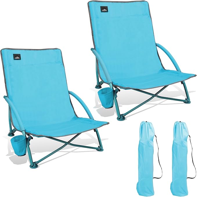 NORTHROAD 2 Pack Low Folding Beach Chair,Portable Lightweight Lowback Sling Chair, Outdoor Low Seat Camping Chair w/Cup Holder & Carry Bag for Sand Camping Lawn Picnic Festival,Blue