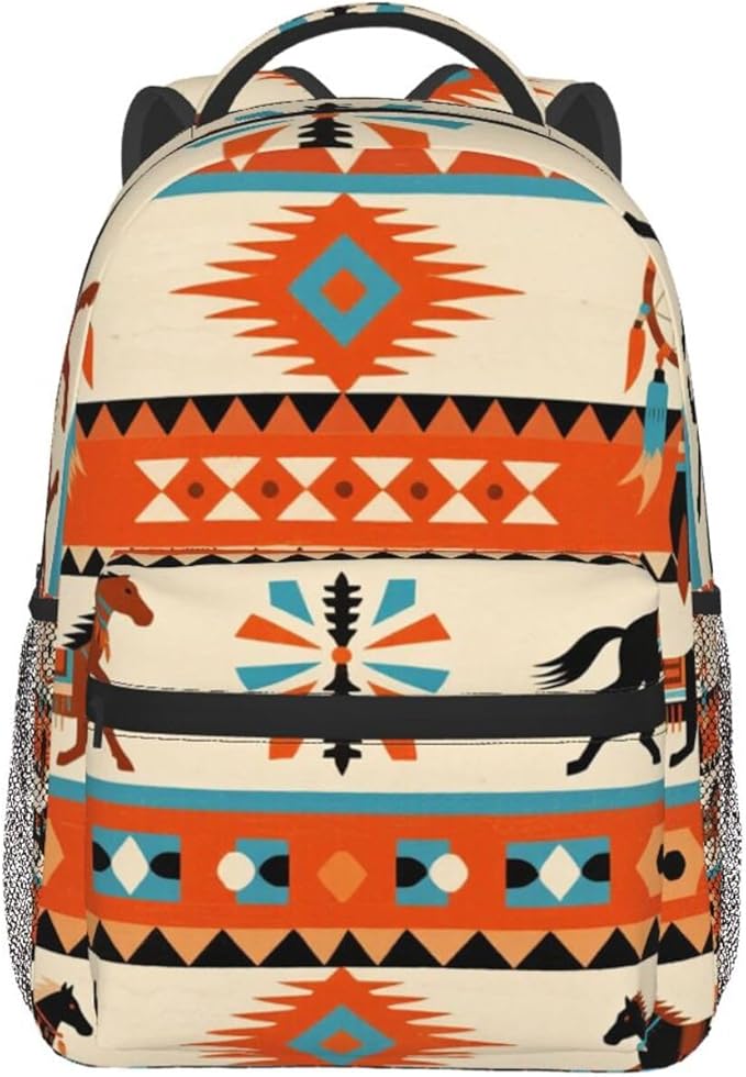 Men Women Lightweight Southwest Native American Ethnic Horse Dreamcatcher Art Casual Daypack Large Capacity Bookbag With Adjustable Shoulder Straps for Gym Business Bicycle