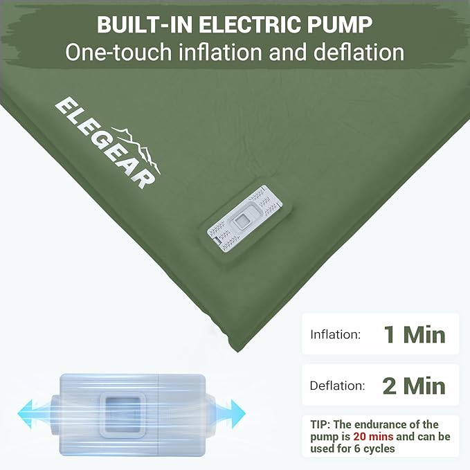 Elegear CumbreX™ Self Inflating Sleeping Pad, Built-in Electric Pump 3.15" Ultra-Thick Memory Foam Camping Mattress Pad with Pillow Double Sleeping Pad for Camping R-Value 9.5 Foam Camp Pad - Full