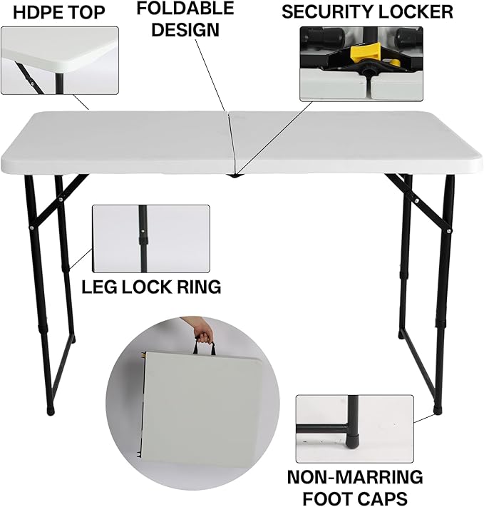 4FT Portable Folding Table, Adjustable Height, Easy Storage for Outdoor Camping, Picnic, Party