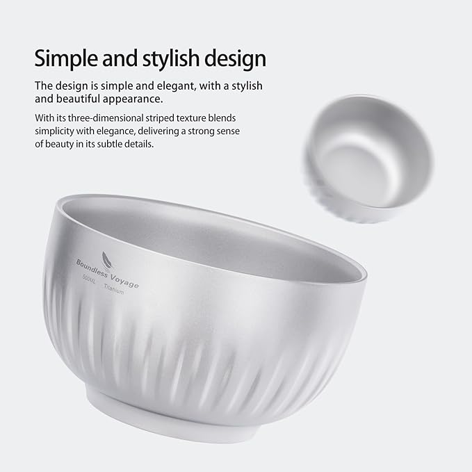 iBasingo 500ml Titanium Bowl Double Walled Oatmeal Food Rice Soup Bowl Ultralight Portable Tableware Outdoor Camping Metal Bowl Ti1165T